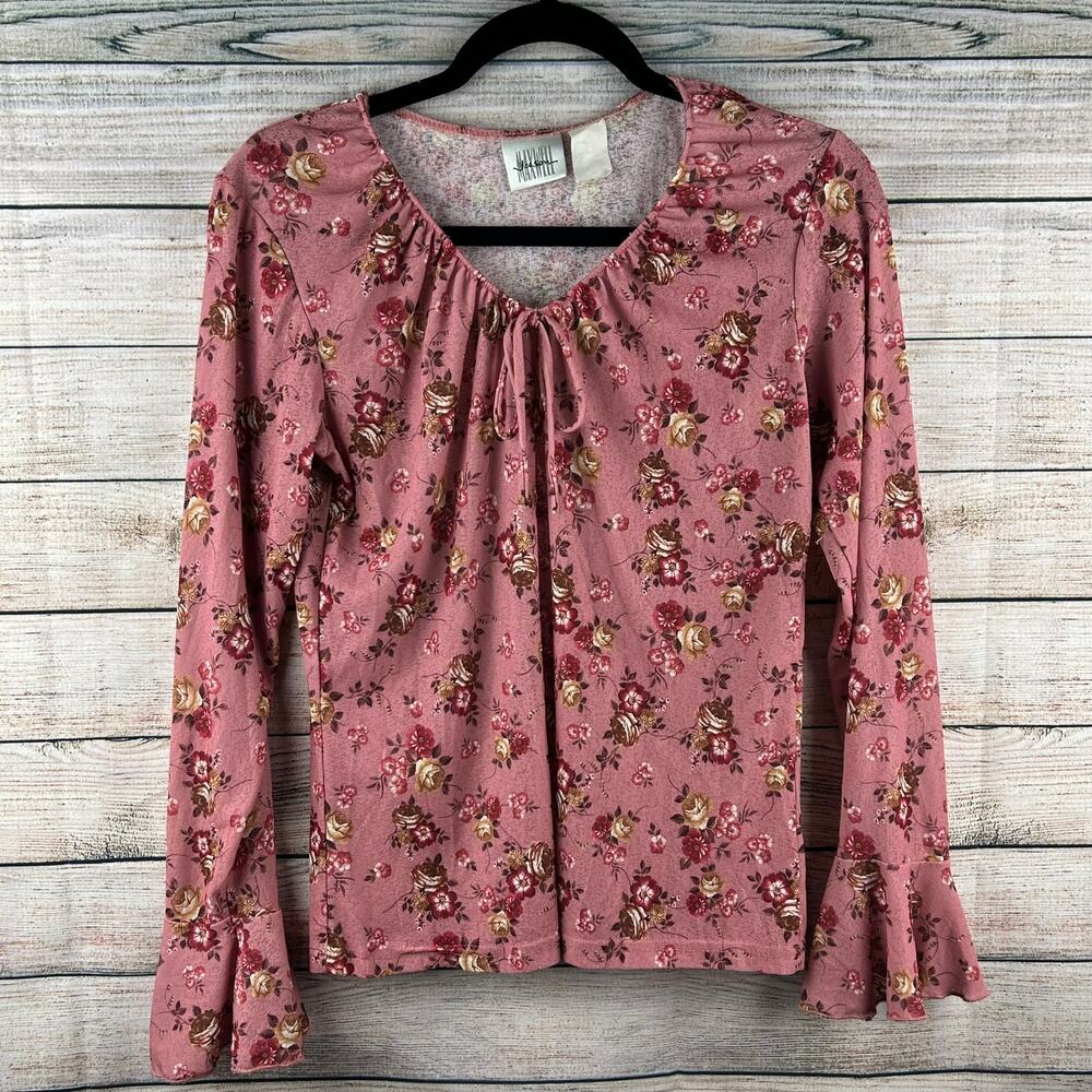 Vintage 90s Jason Maxwell Pink Floral Bell‎ Sleeve Top – Tie Front, Cottagecore